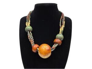Bohemian Tribal Multi-Strand Wood Bead Statement Necklace Earth Tone Jewelry 17"
